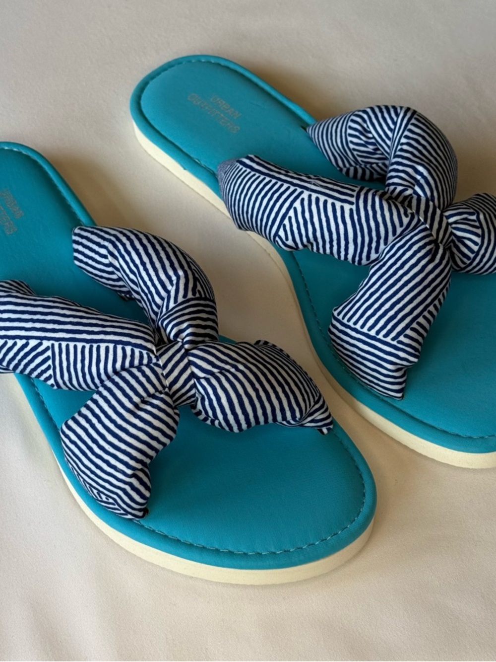 Urban Outfitters Turquoise Slide Sandals with Navy‎ Striped Bow
